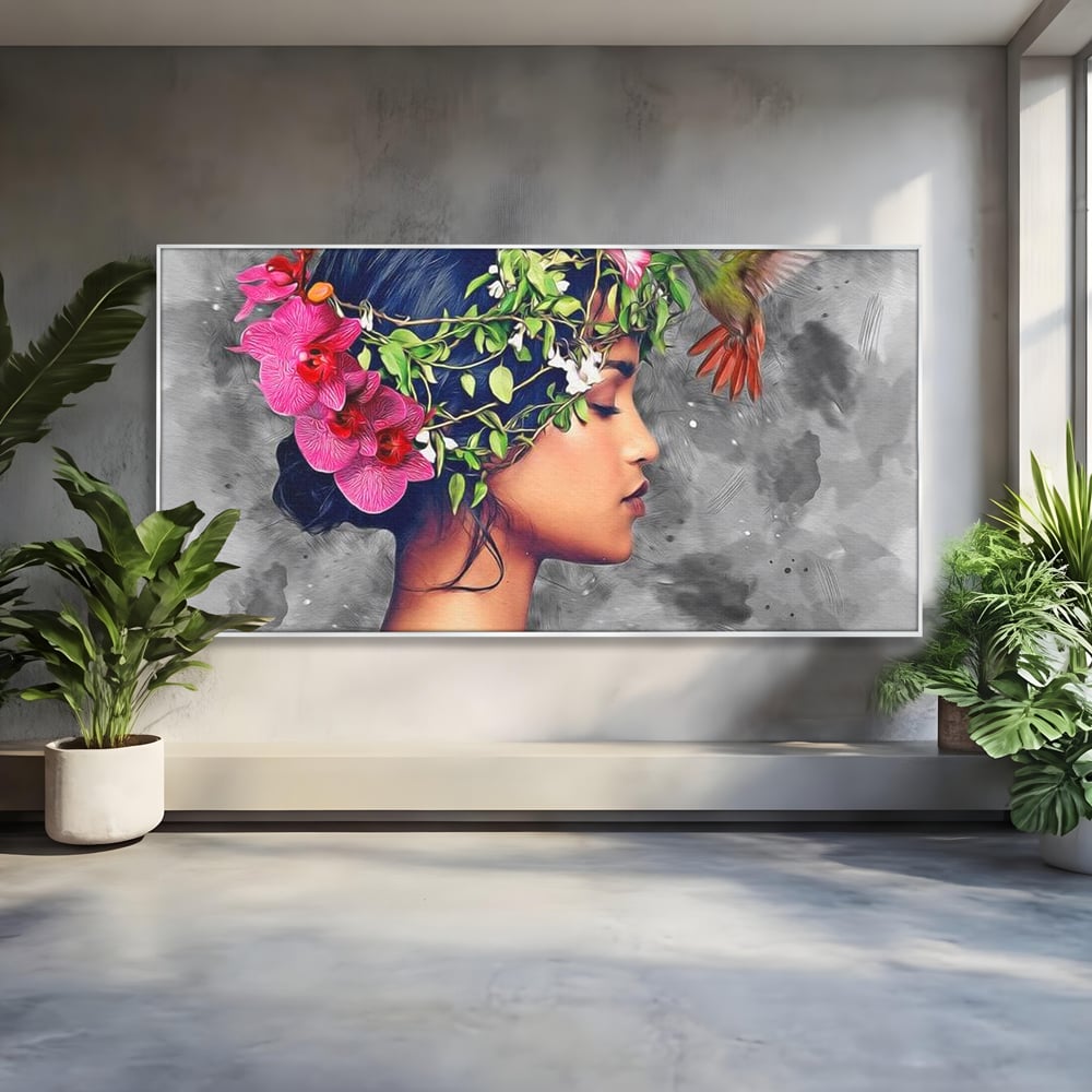 Tablou canvas cu tablou canvas cu portret de femeie si colibri, in rama de aluminiu argintiu